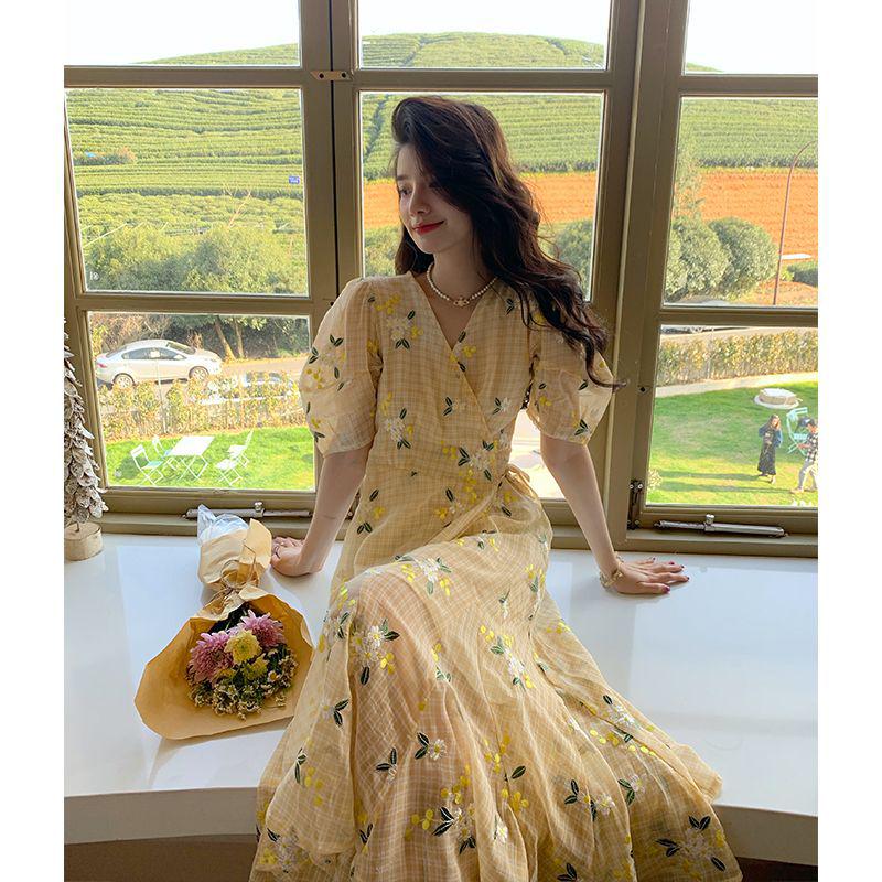 

Summer 2026 French Afternoon Tea Print Dress with Puff Sleeves - A Gentle, Design-Conscious Long Dress for Women. L (Recommended for 110-119 lbs)
