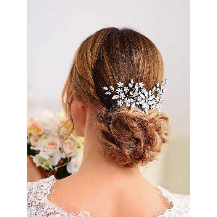 Unsutuo Crystal Bride Wedding Hair Comb Silver Rhinestone Flower Bridal Hair Pieces Pearl Wedding Hair Accessories for Women and Girls… (Silver)