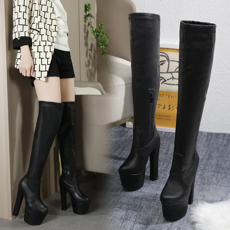 16CM Double Platform Super High Heels Women Over Knee high Boots Elegant Sexy Comfy Warm Women Shoes Winter Boots Good Quality