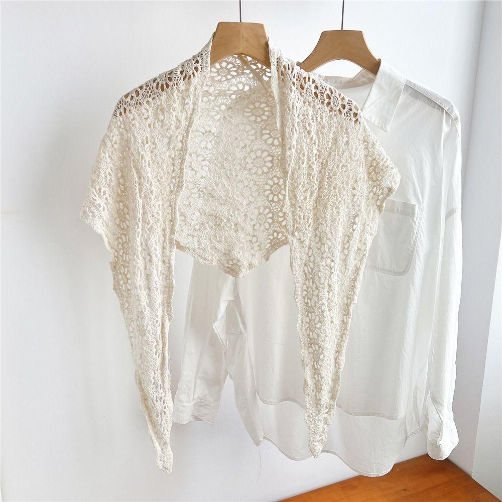 Ethnic Style Hollow Out Lace Shawl White Crochet Flower Scarves Elegant Fart Curtain Female