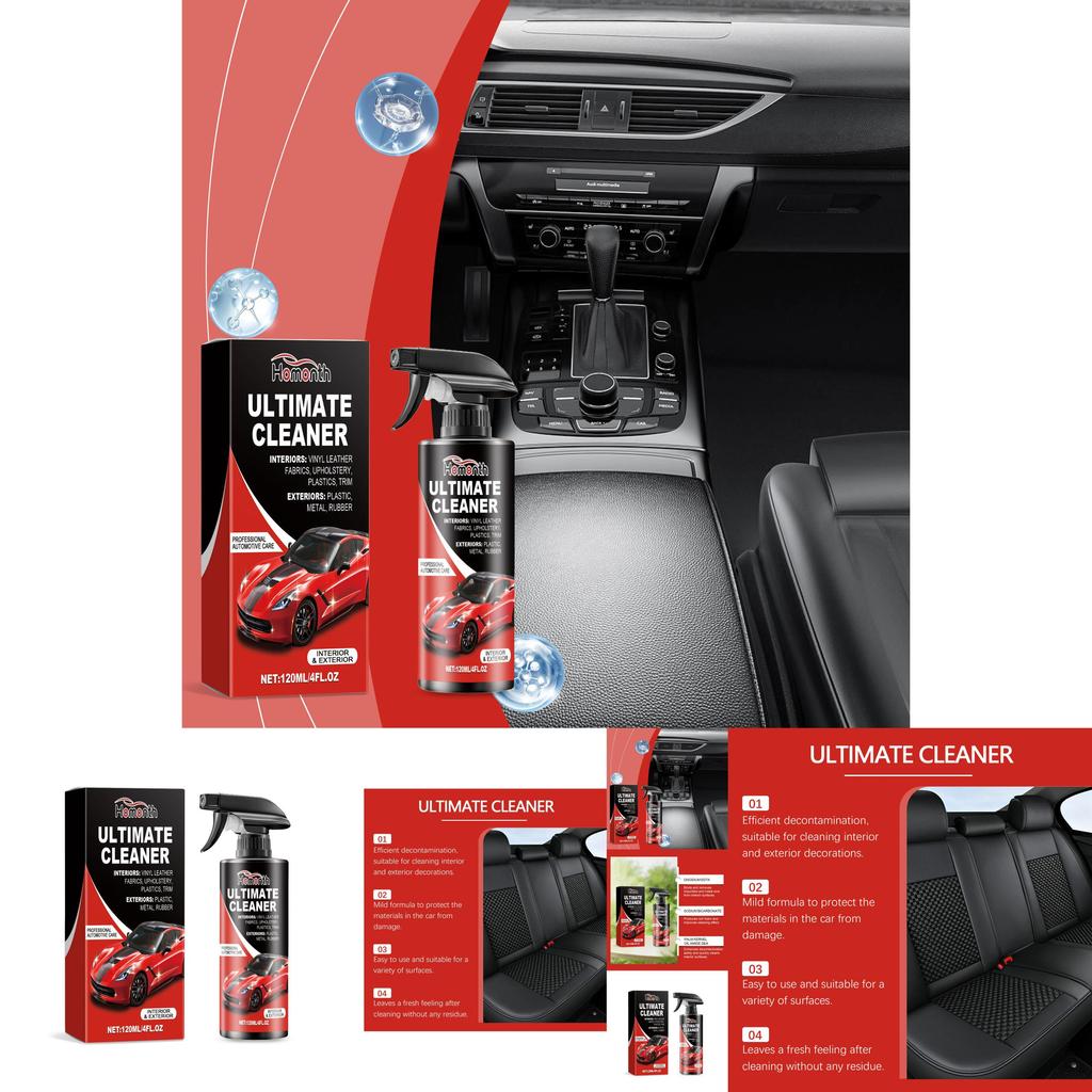 Homonth Nettoyant pour taches intérieures de voiture 120 ml Nettoyant multifonctionnel pour cuir et tableau de bord