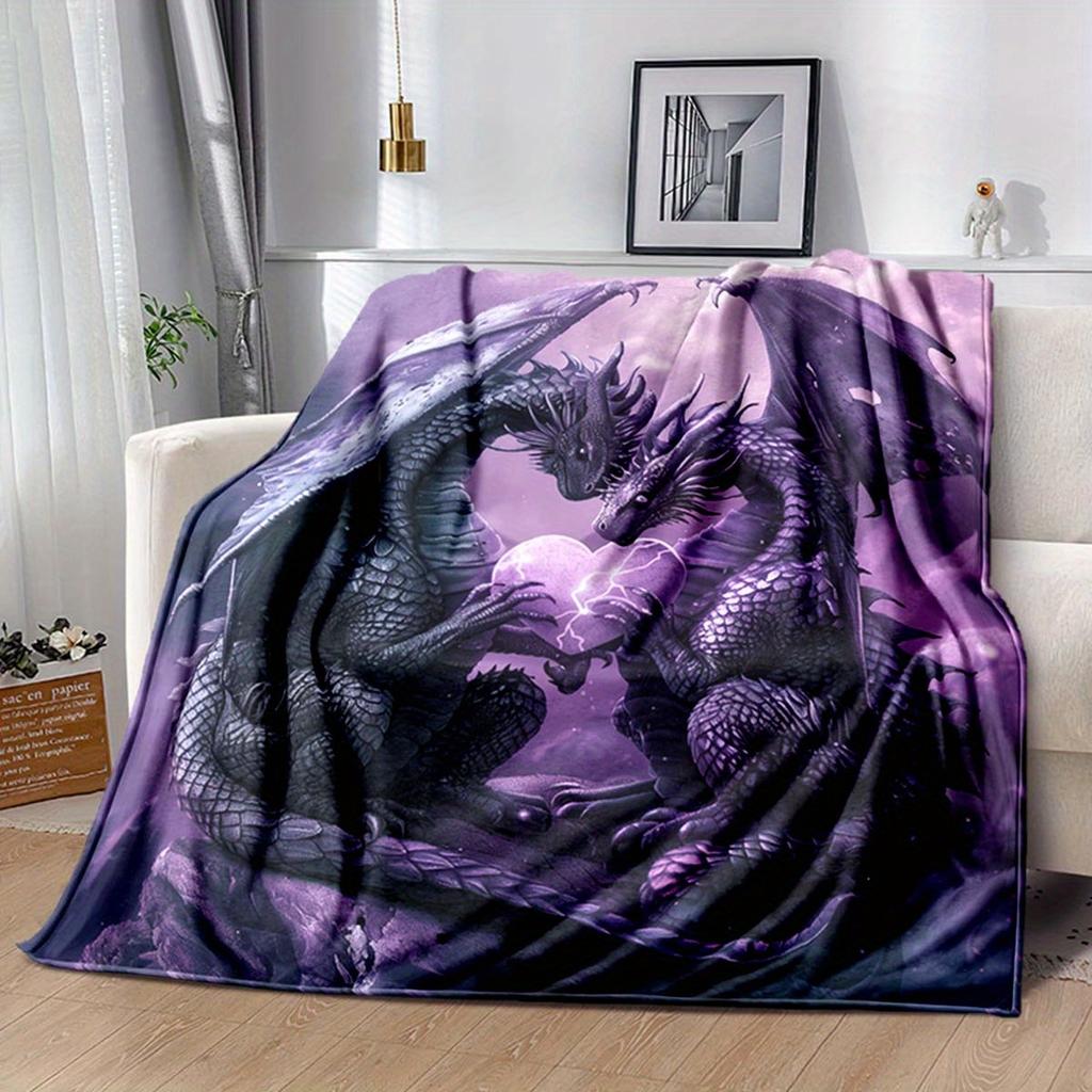 Purple Dragon Flannel Blanket – Intricate Double Dragon Design – Warm Cozy All-Season Throw – Perfect for Camping Sofa Bed
