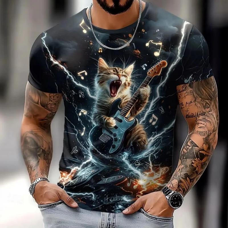 Men's T-shirt Outdoor Casual Summer Round Neck Tops Short Sleeve 3D Cat Printed Pattern Polyester Loose Men's Clothing