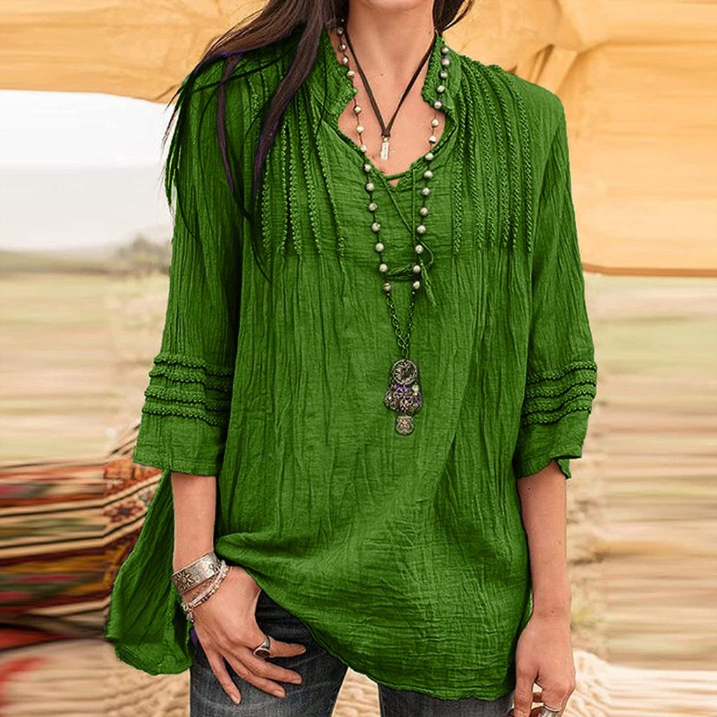 Women Flared Sleeve Tops Solid V-Neck Lace Splicing Fold Three Quarter Sleeve