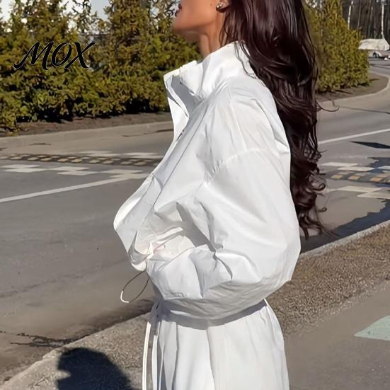 Women Casual Jacket Sets Pants Set for Fall, Stand Collar Zip-Up & Drawstring Loose Fit Clothing Waist Wide Leg Pants, Two Piece Matching Suit
