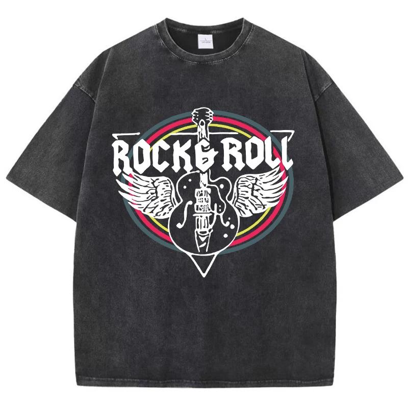 Harajuku Women Cotton Washed T-Shirt Rock Roll Electric Guitar Print Short Sleeve Fashion Loose Tee Shirt Casual O-Neck Clothes S разноцветный
