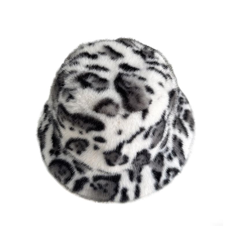 Fluffy Leopard Print Bucket Hat Thick Warm Ear Flap Fashionable Versatile Hat