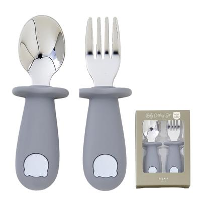 Geschenk Babylöffel und -gabel Babyessen von Einfach bis 10 Monate und SUS316L Edelstahl Babybesteckset Blaues Set, Essen, Selbst, Griff, Üben, Hoch,