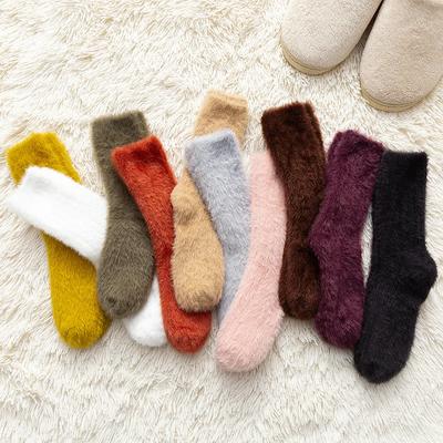 1 Pair Hairy Mink Pile Socks for Women Autumn and Winter Thickening Warm Home Sleep Floor Socks Japanese Solid Color Basic Wild
