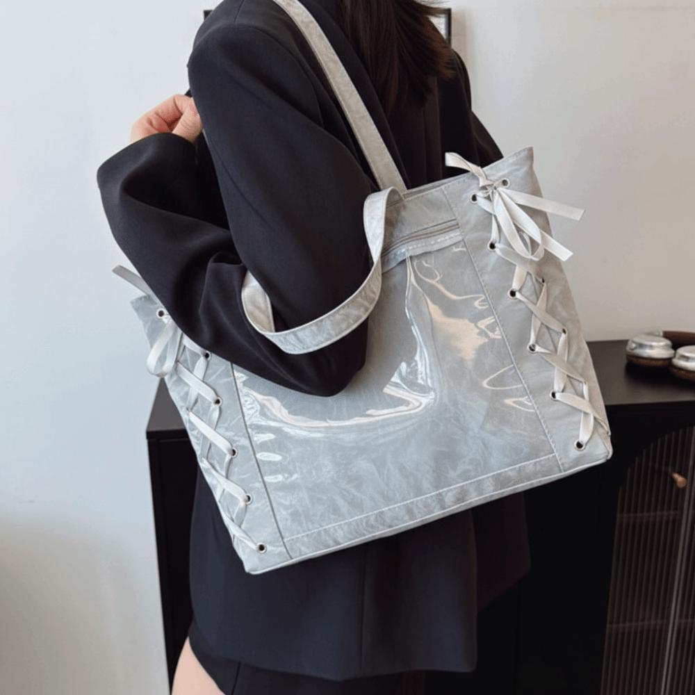 Lace-up Simple Itabag Badge Display PU Transparent Pocket Tote Bag Idol Merchandise Storage Cross Ribbon Shoulder Bag Girl
