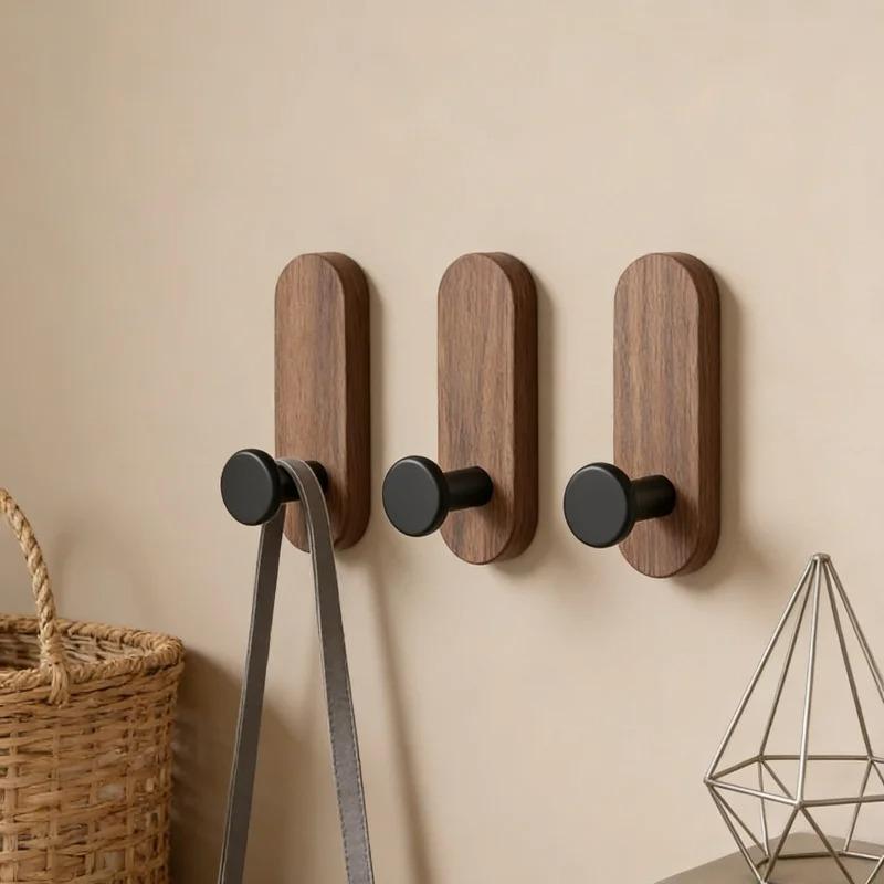 Ganchos de Pared de Madera de Nogal Adhesivos para Colgar Abrigo Toalla Ropa Manta Sombrero Mochila Bata Entrada Portallaves