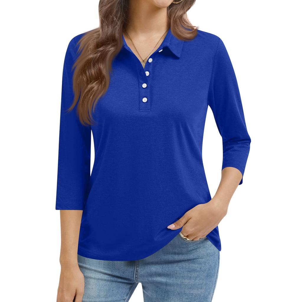 Women's Fashion Casual Lapel Short 3/4 Sleeve Color Shirt Women's Button Up Tops