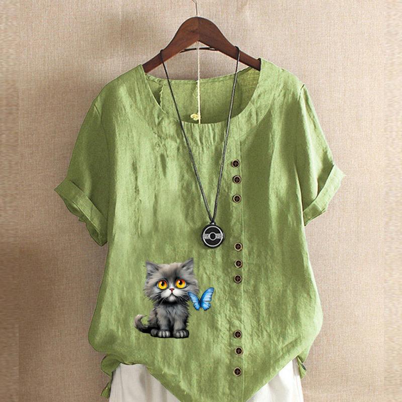 Damenmode Katzen und Interaktion Bedrucktes Kurzarm-T-Shirt Locker Baumwollhemd Lässig Locker Sommerbluse Tops Übergröße