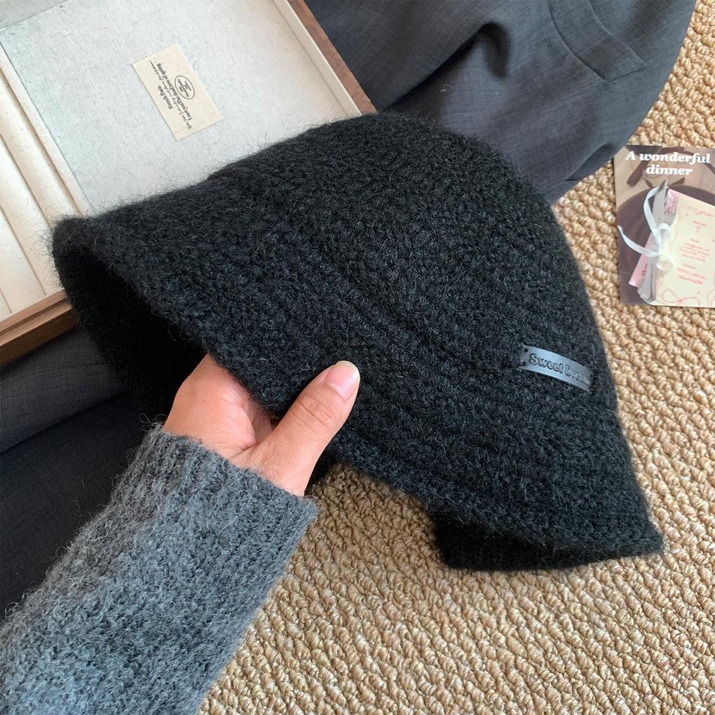 Maillard Retro Knitted Bucket Hat Women's Autumn and Winter Coffee Color Face Small Bucket Hat Big Head Circumference Warm Wool Hat