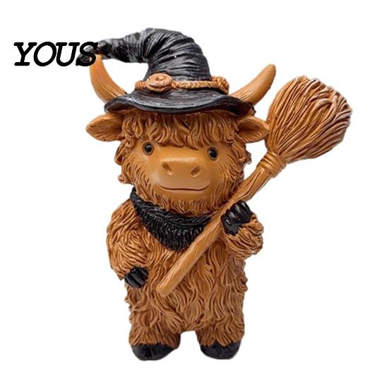 Resin Animal Statues for Home Decor Halloween Highland Cow Figurine, Wizard Broom & Bat Wing Pumpkin Waterproof Garden Sculptures Ornament,