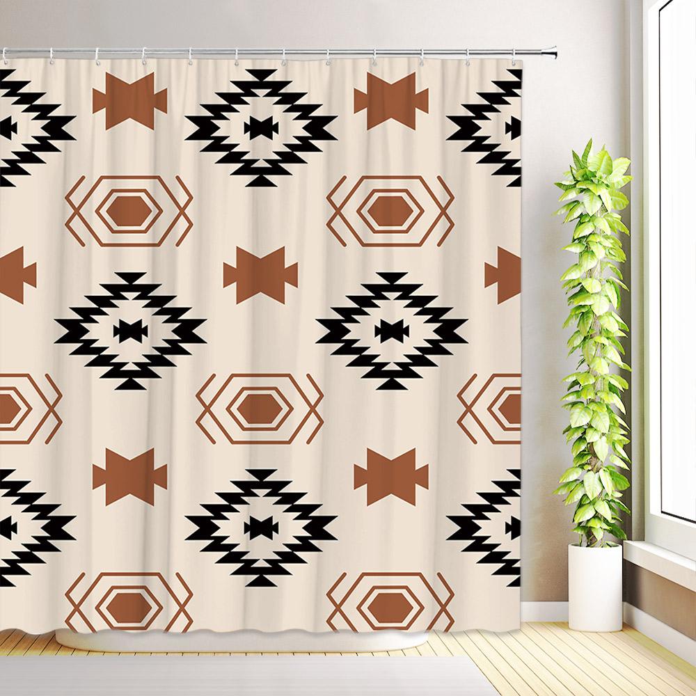 Western Aztec Shower Curtain Boho Aesthetic Abstract Geometric Cactus Longhorn Skullhead Floral Plant Bathroom Decor with Hooks