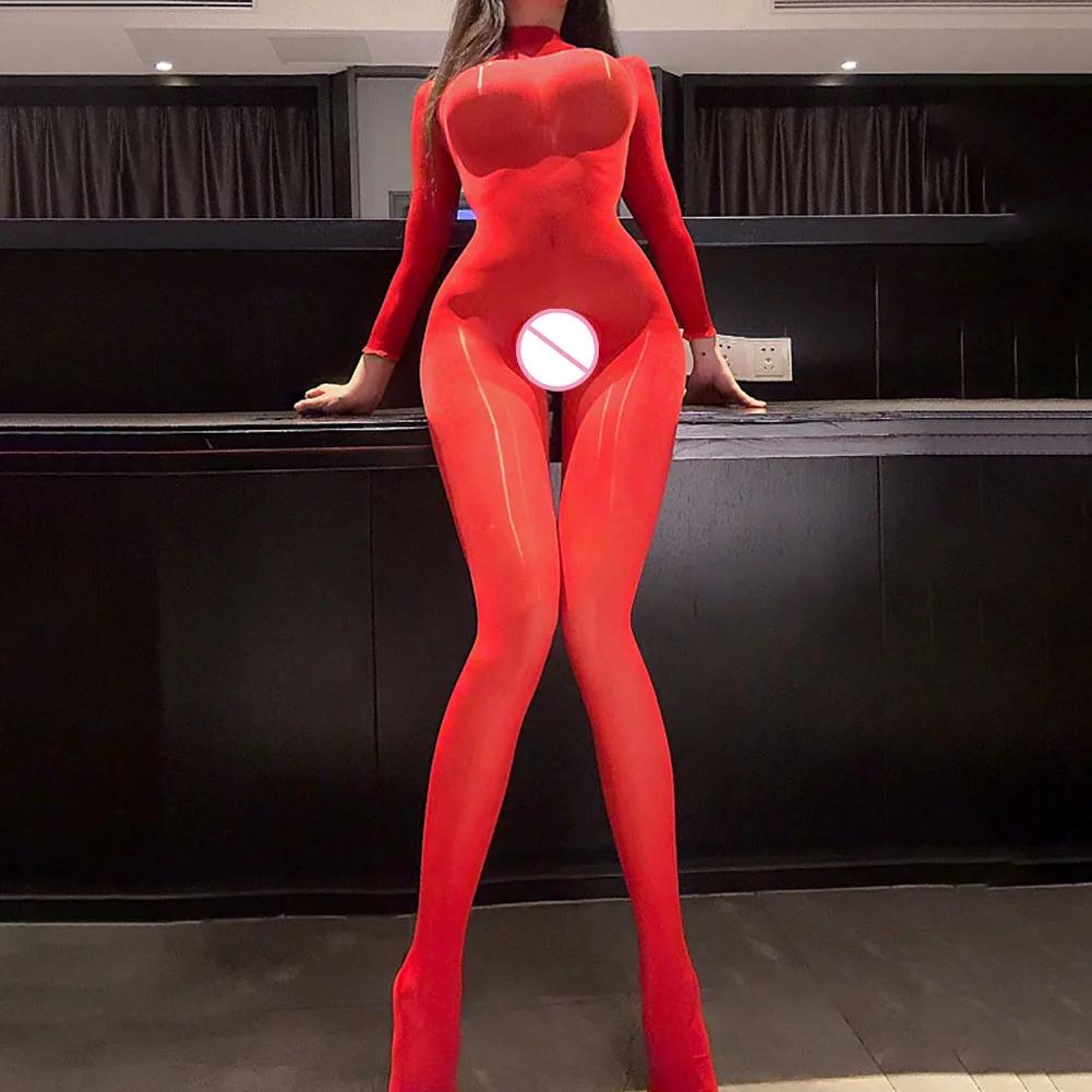 Womens Open Crotch Bodystocking For Sex Erotic Lingerie Shiny Smooth See Through Romper Sexy Bodysuit Uniform Temptatio Fetish