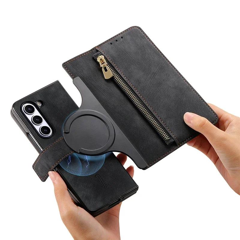 Magnetic 2 in 1 Detachable Flip Card Wallet Case for Magsafe Samsung Galaxy Z Fold 7 6 5 4 3 Zipper Cards Solt Leather Bag Cover