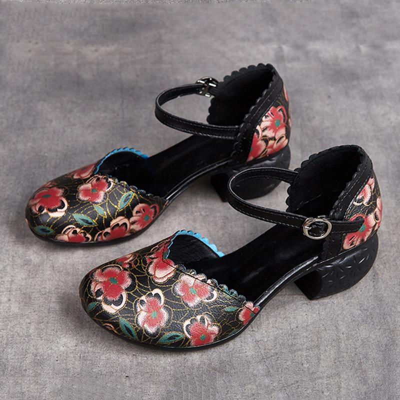 Women Shoes Summer Sandals Genuine Leather 2024 New Fashion Buckle Strap Print Retro Handmade Concise Leisure Ladies Sandals Casual Shoes