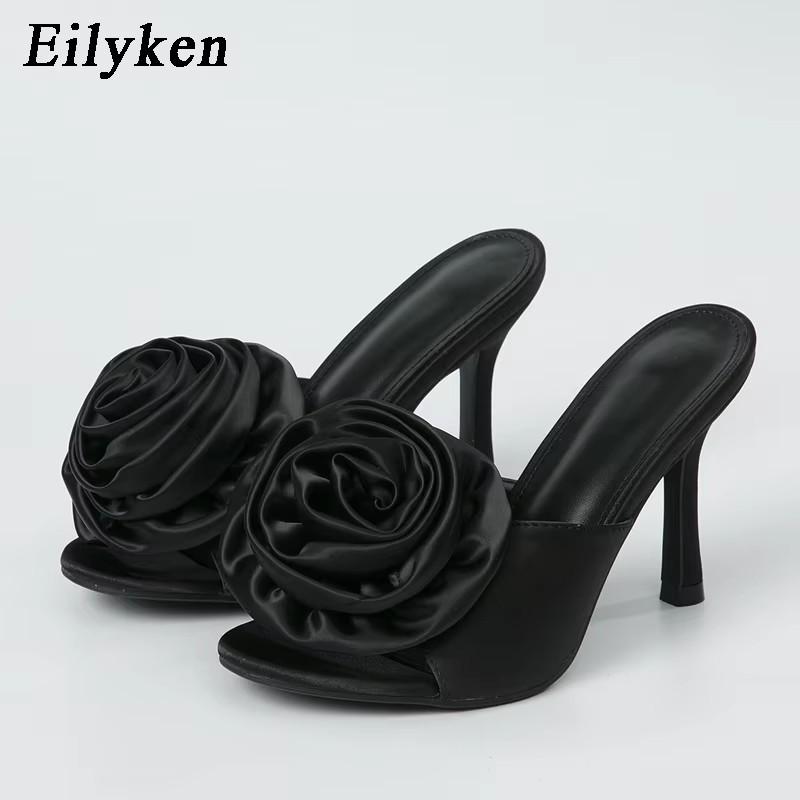 Fashion Eilyken Summer Fashion Silk Flower Peep Toe High Heels Slipper Stripper Slip On Mule Slides Women Party Sexy Sandal Shoes