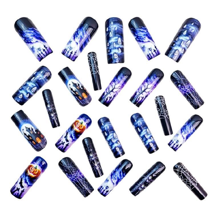 24 Pieces Halloween Coffin Fake Nail Purple Bat Pumpkin Design Durability Nail For Women Party Costume Accessories