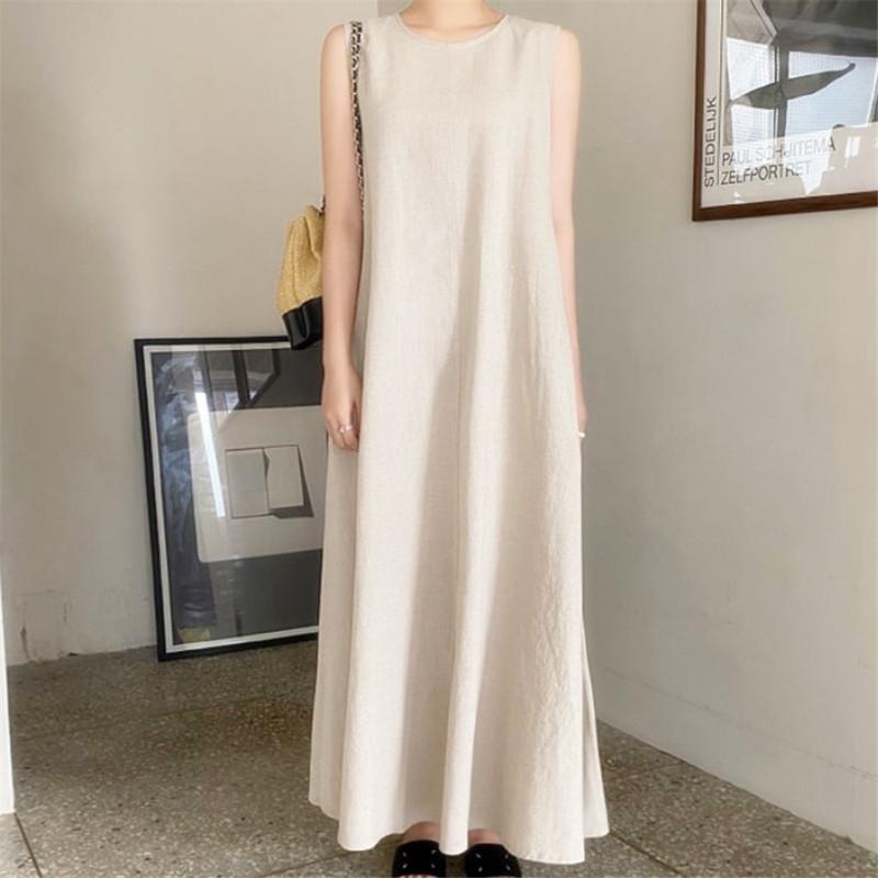 Summer cotton and linen literary and artistic show thin over knee vest long skirt Korean version loose cotton and linen temperament sleeveless dress S абрикосовый
