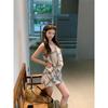 Kumikumi Old Qian Style Set Retro Print Sleeveless Vest Women Summer High Waist Skirt Two Piece Skirt