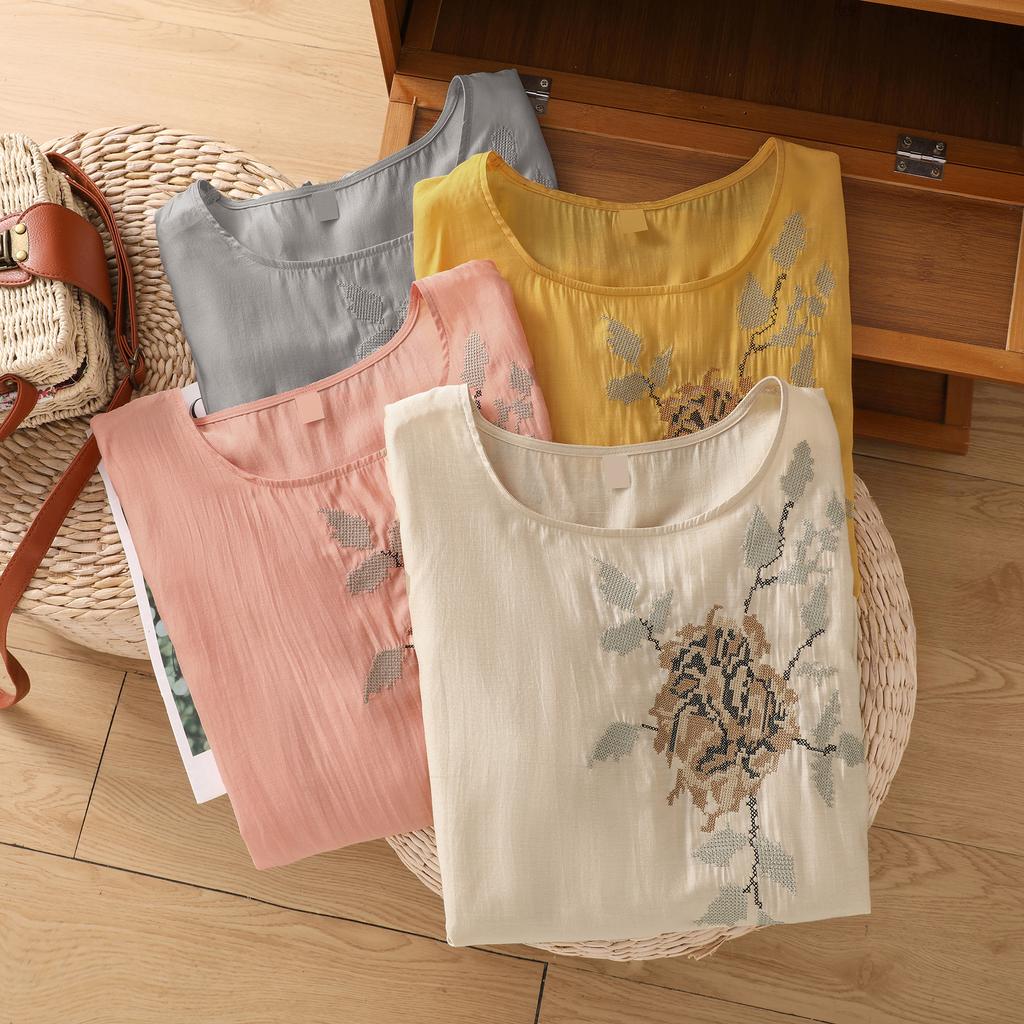 DIMANAF 2025 New Summer Plus Size T-Shirt Women O-Neck Short Sleeve Vintage Linen Loose Tops Tees Maxi