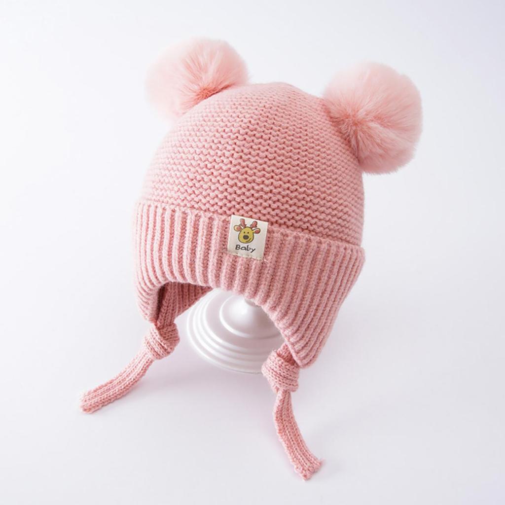 Roztomilá dětská zimní čepice s dvojitou bambulí Teplá pletená čepice s ochranou uší Batole Chlapec Dívka Zesílená bavlněná podšívka Náušníky Čepice