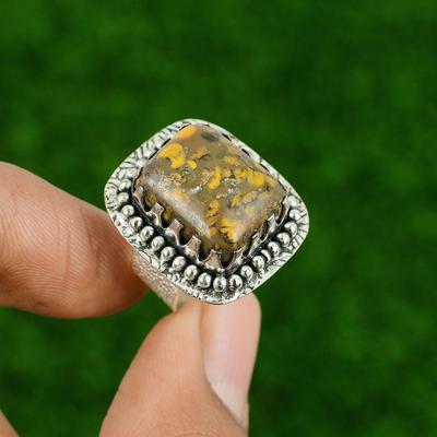 Sterling Silver Rhyolite Gemstone Artisan Bezel Statement Sister Ring Size 6.75
