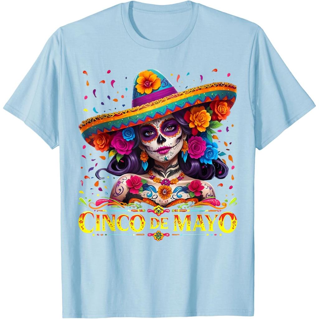Cinco De Mayo Sugar Skull Women Sombrero Graphic T-Shirt Casual Cotton Tee