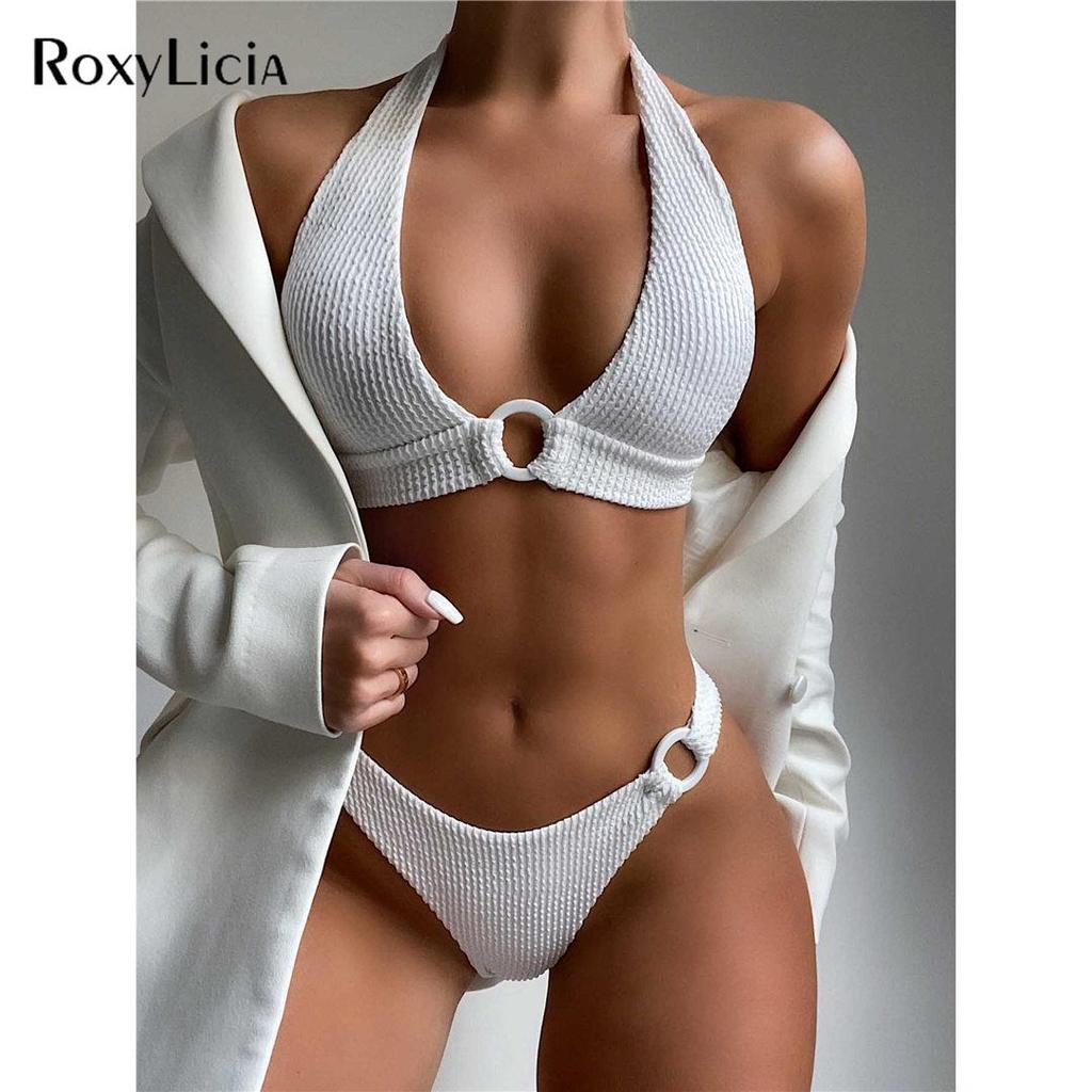 Halter Falten Bikini Frauen Bademode Weiblichen Badeanzug Zwei-stück Bikini set Mittlere Taille Brasilianische Badende Badeanzug