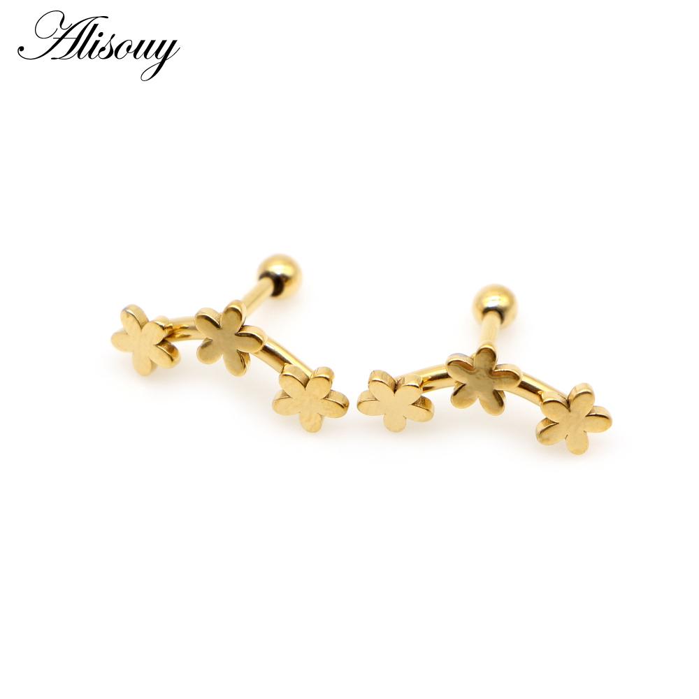 Alisouy 2pcs Fashion Three Flowers Stars Stainless Steel Men Women Ball Screw Ear Stud Earrings Unisex Piercing Jewelry Gift