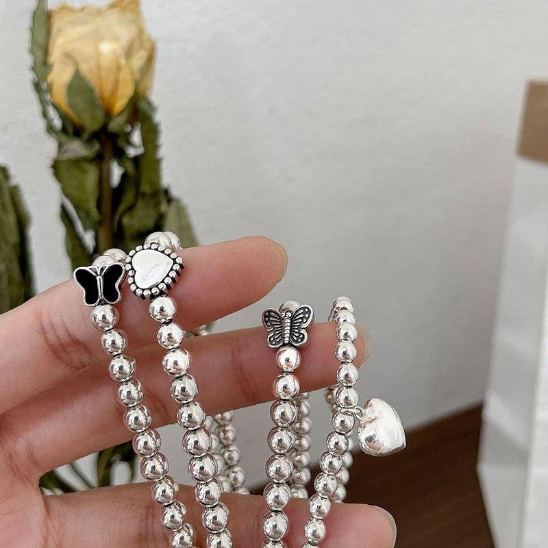 925 Sterling Silver Simple Design Bracelet Butterfly Love Heart Round Beads Hand Jewelry Women Fashion Exquisite Gifts