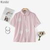 ZANZEA Women Casual Turn Down Collar Short Sleeve Stripe Blouse
