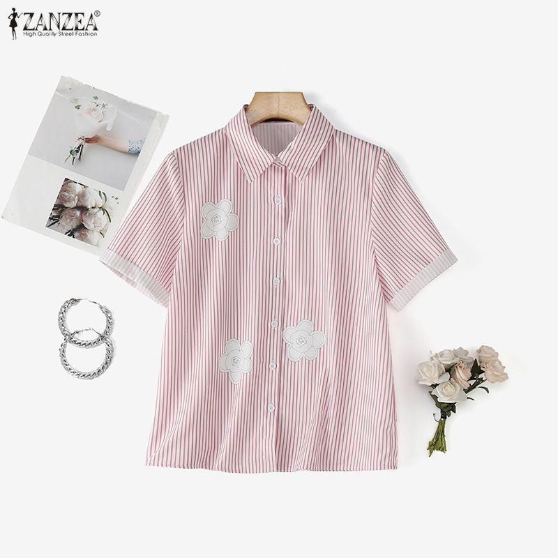 ZANZEA Women Casual Turn Down Collar Short Sleeve Stripe Blouse