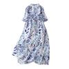 Summer New Cotton and Linen Literary and Retro Buckle Loose Waist Thin Floral Medium and Long Dress Women