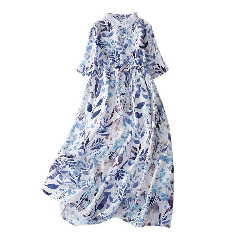 Summer New Cotton and Linen Literary and Retro Buckle Loose Waist Thin Floral Medium and Long Dress Women