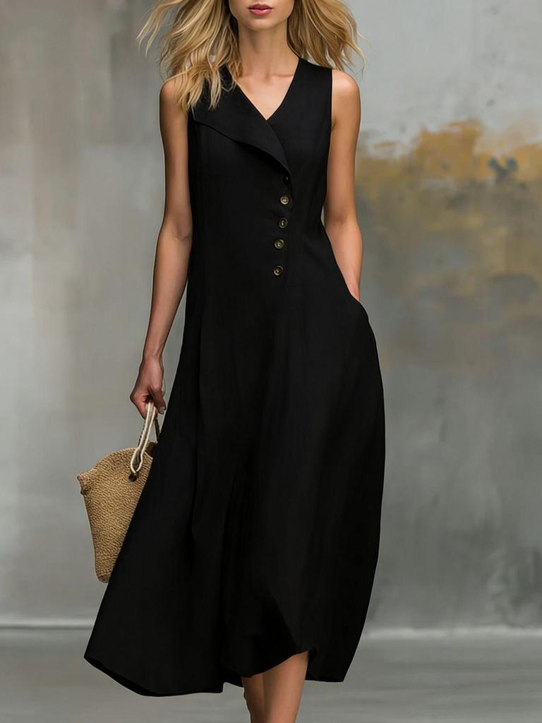 Lapel Button Closure Sleeveless Solid Color Women's Dress