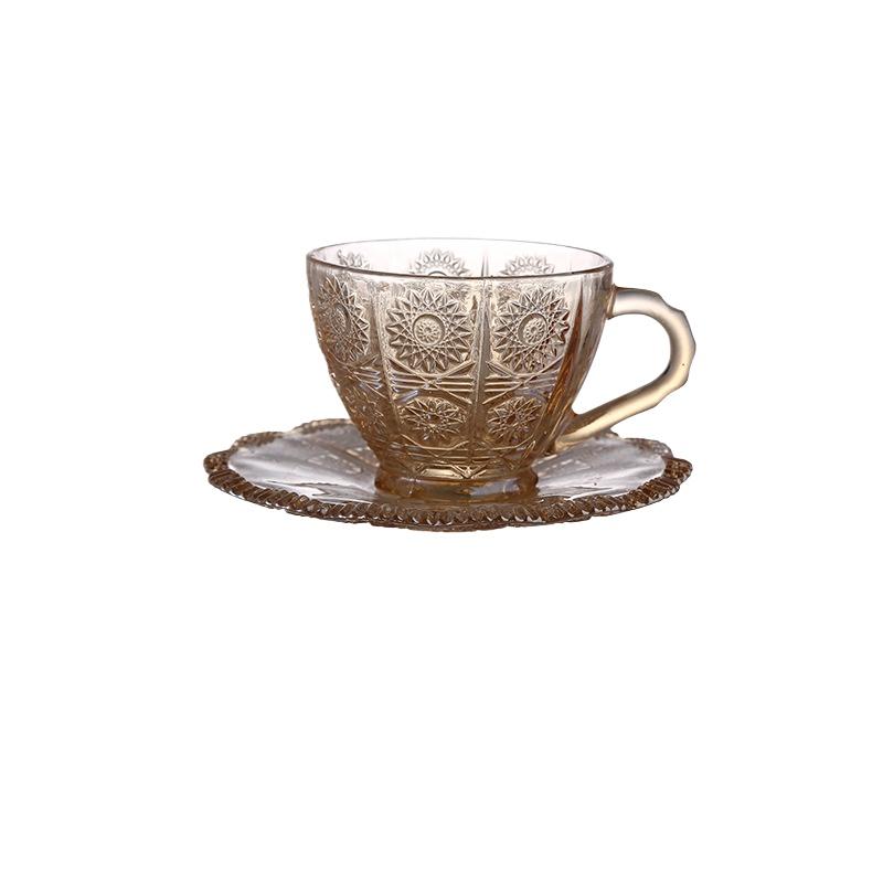 200ml Coffee Cup Set Luxury Retro Embossed Coffee Glasses Plate and Mug Household Latte Cup Glass Tea Cup Sets