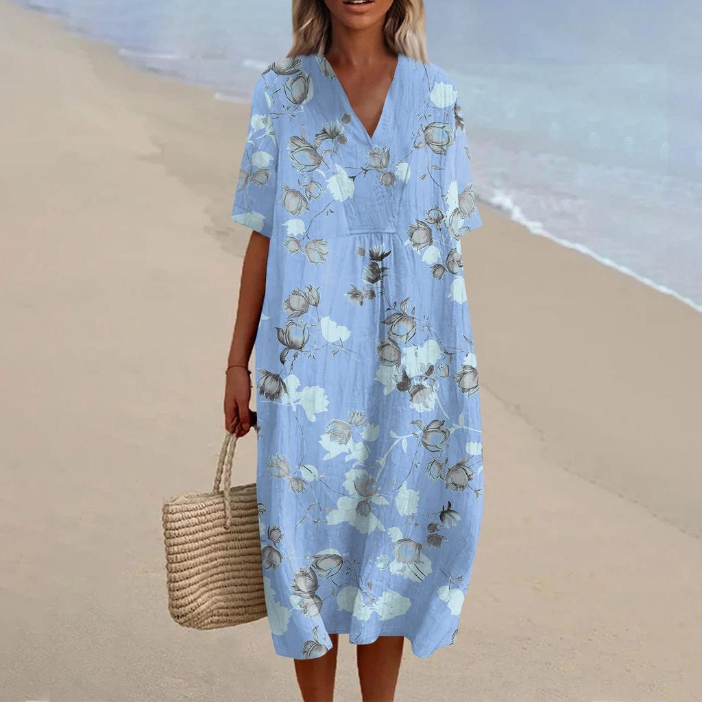 Women's Loose Casual Fashion V-Neck Printed Dress Beach Skirt