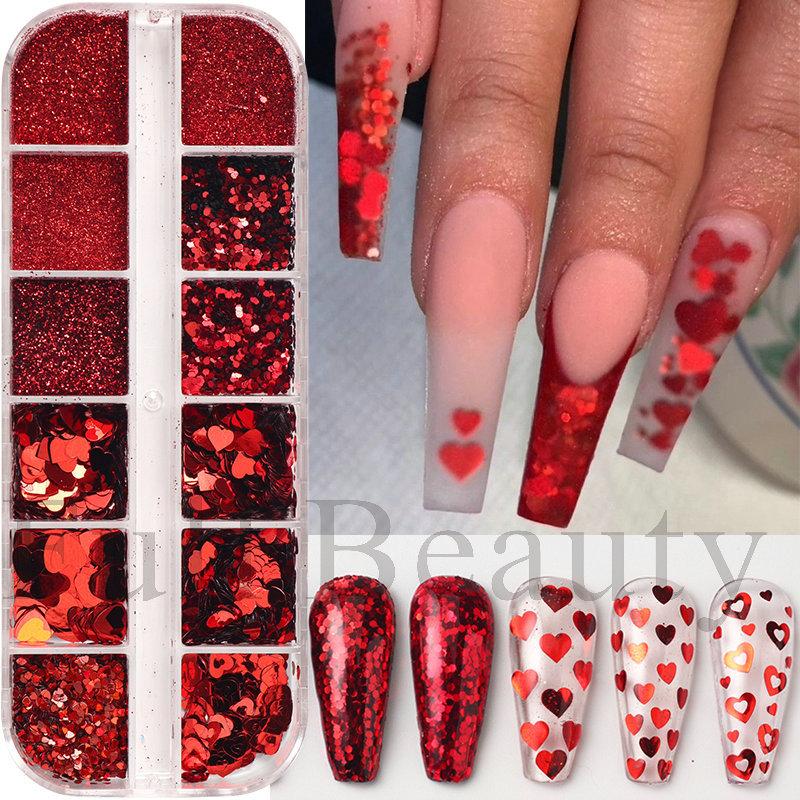 Nail Sequins 12 Romantic Valentine's Day Glitter Pink Love Sequins Boxed Nail Sequins