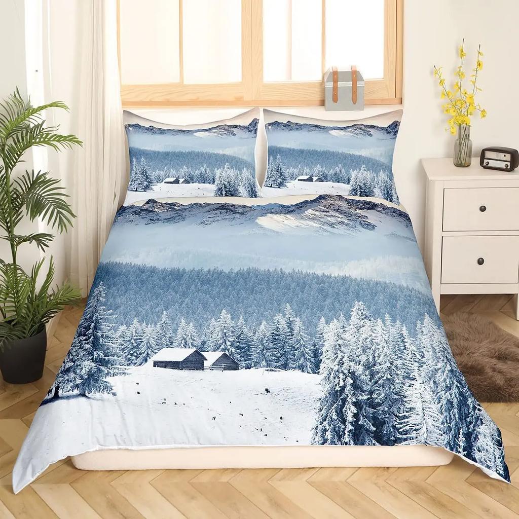 Snow Mountain Bedding Set Winter Snow Scene Comforter Cover for Boys Girls Kids 3D Duvet Cover Set Bedroom Decor 3 Pcs Full Size