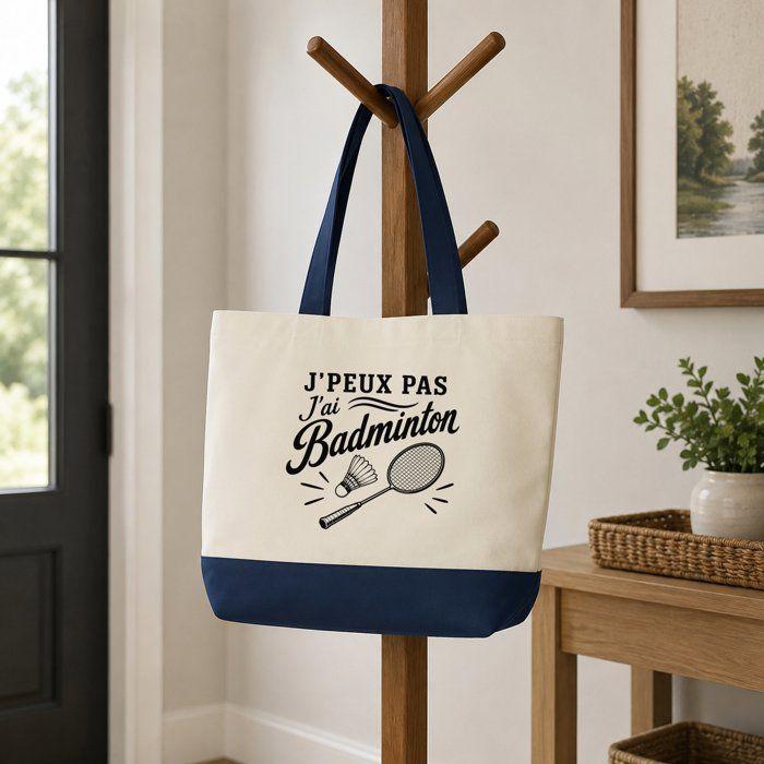Grand Sac Cabas Fond Bleu J’peux pas j’ai Badminton J'peux pas minimaliste | Toile de Coton 170 g/m² 27 L Poche Intérieure Anses 64