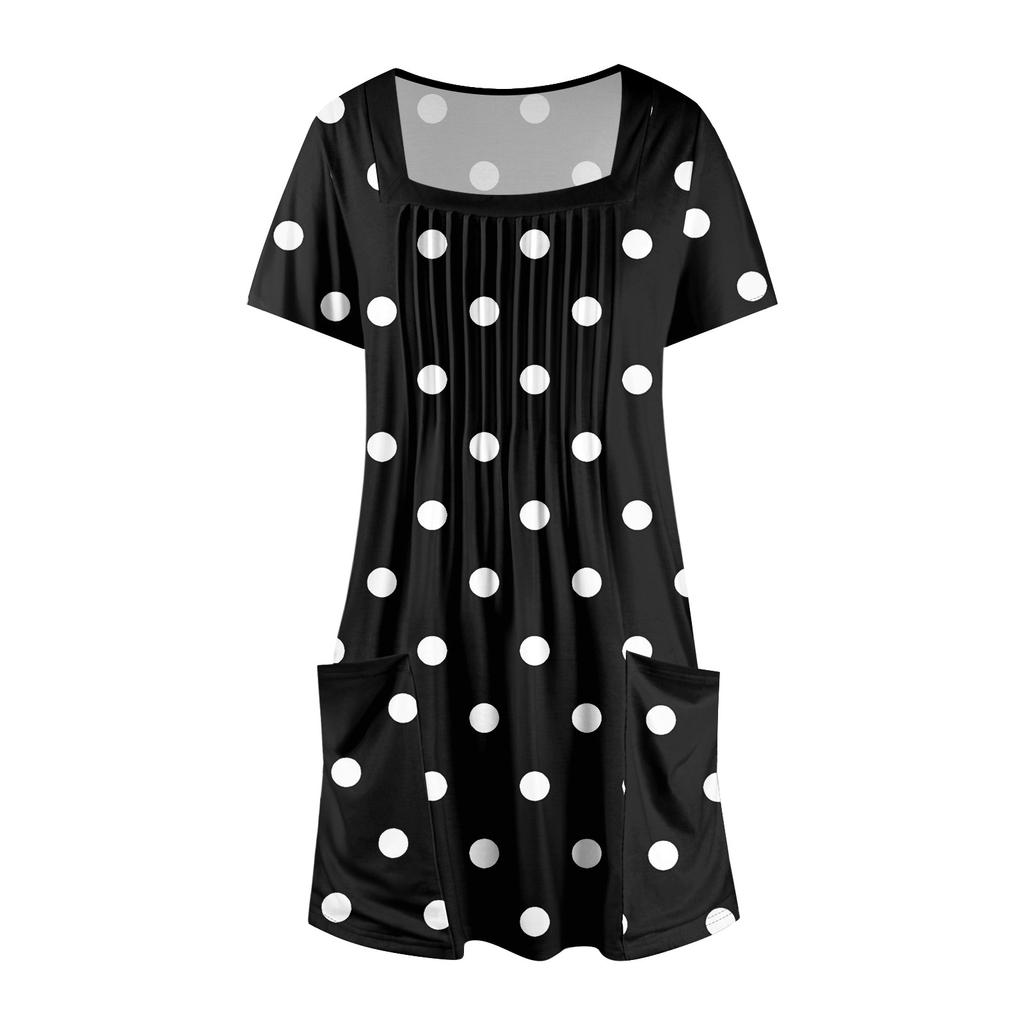 Women's Summer Casual Square Neck Pleated Front With Pocket Printed Short Sleeve Dresses