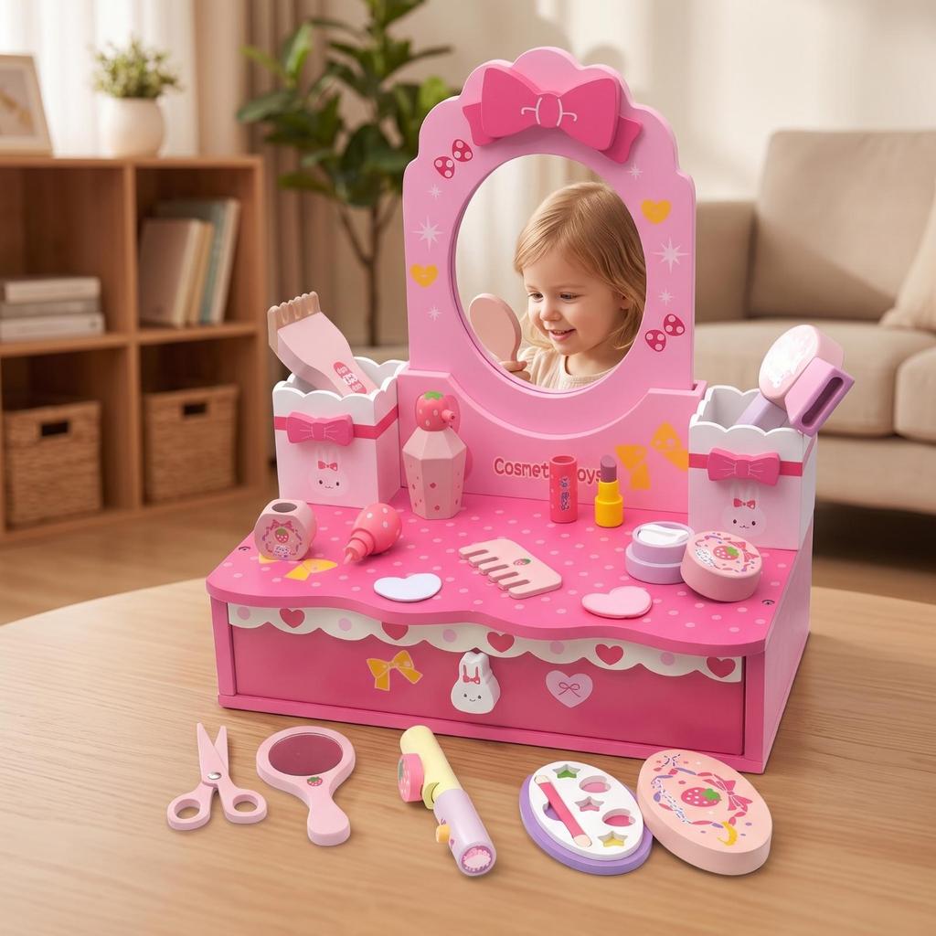 Toy Vanity with Mirror and Storage Drawer Tabletop Pretend Play Set