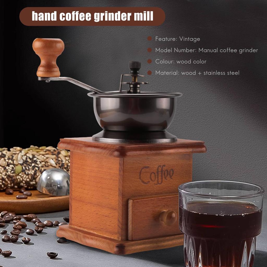 Haskoss Coffee Bean Grinder, Wooden Manual Coffee Grinder, Hand-Held, Stainless Steel, Retro, Coffee Spice, Mini Burr Mill with Ceramic