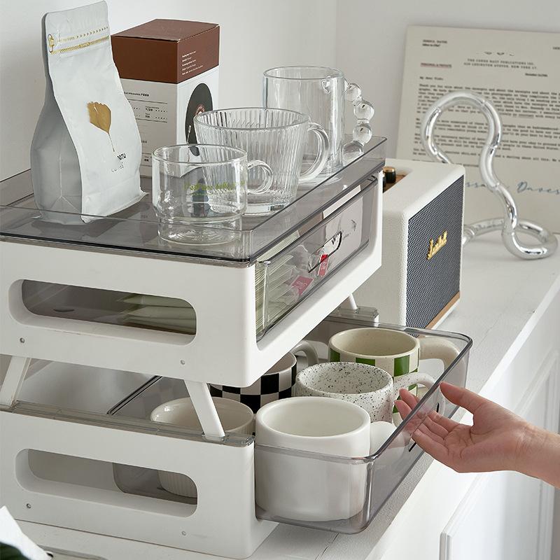 Coffee Table Dust-proof Cup Storage Box Plastic Multi-layer Transparent Storage Rack Drawer-type Office Storage File Storage
