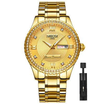 NIBOSI Men's Diamond Watch, Business Watch, Gold, Waterproof, Analog, Stylish, Classic, Casual, Metal Band, Stainless Steel, Date, Day of the Week,