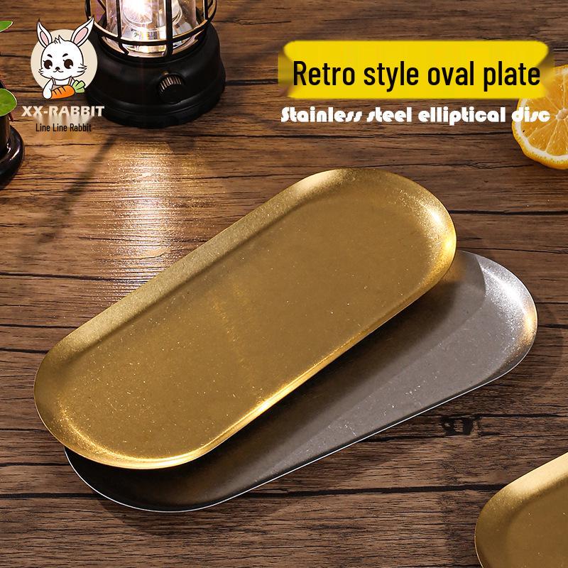 Retro Stainless Steel Oval Japanese Ornament Tray in Gold for Creative Restaurant Dessert and Pastry.